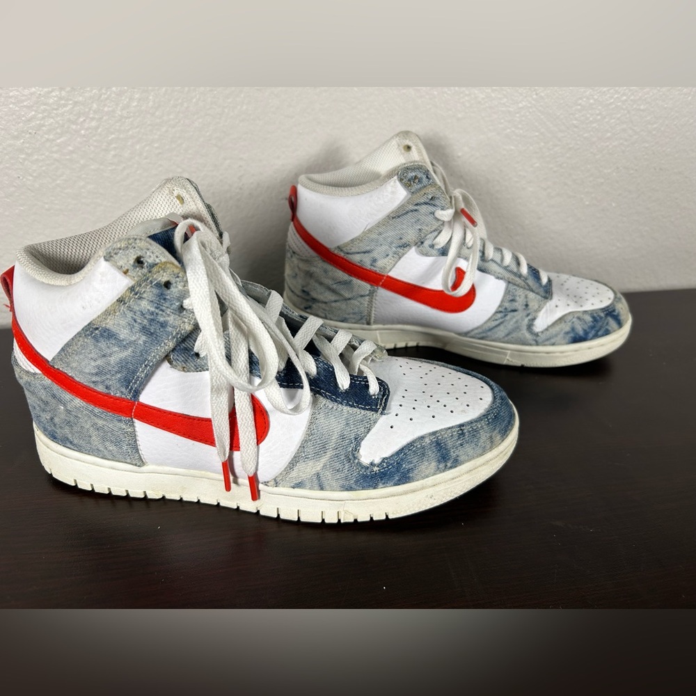 Womens Nike Dunk White , Red and High Washed Denim SZ 9 ( DV2181-900) Sneakers